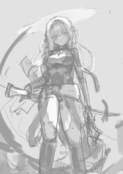 Rule 34 | 1girl, absurdres, armor, blush, bodysuit, breasts, closed mouth, feet out of frame, goddess of victory: nikke, greyscale, halo, highres, hip armor, japanese armor, long hair, looking at viewer, medium breasts, monochrome, official alternate costume, scarlet (nikke), sheath, shoulder armor, sketch, sode, solo, standing, sword, weapon, weapon on back, yasananasay