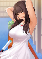 Rule 34 | 1girl, :d, armpits, arms behind head, arms up, bare shoulders, bench, black hair, blurry, blurry background, blush, cccpo, depth of field, dress, green eyes, highres, indoors, long hair, open mouth, original, racket, sitting, sleeveless, sleeveless dress, smile, solo, sweat, tennis racket, white dress