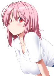 Rule 34 | 1girl, alternate costume, antenna hair, blush, breasts, closed mouth, collarbone, commentary request, hair between eyes, hanging breasts, highres, large breasts, looking at viewer, midriff, no headwear, nori tamago, nose blush, pink hair, red eyes, saigyouji yuyuko, shirt, short hair, short sleeves, simple background, solo, touhou, upper body, white background, white shirt