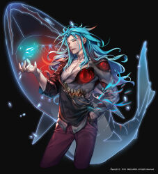 Rule 34 | 1boy, aqua hair, english text, extra eyes, hand in pocket, hero cantare, highres, jegal taek, long hair, long sleeves, looking at viewer, off shoulder, official art, open mouth, pants, red eyes, red pants, standing, teeth, the god of high school, torn clothes, yagaaaa