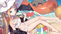Rule 34 | 1girl, abigail williams (fate), abigail williams (swimsuit foreigner) (fate), abigail williams (swimsuit foreigner) (third ascension) (fate), bare legs, barefoot, beach, bikini, bison cangshu, black coat, blonde hair, blue eyes, breasts, cat, cleavage, coat, collarbone, commentary request, fate/grand order, fate (series), food, forest, frilled swimsuit, frills, from above, groin, highres, holding, innertube, licking, long hair, looking at viewer, looking up, midriff, nature, navel, ocean, off-shoulder coat, off shoulder, popsicle, sidelocks, sitting, swim ring, swimsuit, white bikini