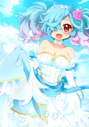Rule 34 | 1girl, bare shoulders, blue hair, blush, bow, breasts, cleavage, day, dress, fang, fire emblem, fire emblem fates, fire emblem heroes, flower, gloves, hair flower, hair ornament, hair over one eye, hairband, long hair, momosemocha, multicolored hair, nintendo, open mouth, peri (fire emblem), petals, pink hair, red eyes, sky, solo, sparkle, sun, twintails, two-tone hair, wedding dress
