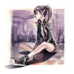 Rule 34 | 00s, 1girl, amasawa yuuko, converse, dennou coil, female focus, full body, glasses, iwai ryou, shoes, short hair, sitting, sneakers, solo, twintails