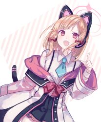 Rule 34 | 1girl, absurdres, animal ear headphones, animal ears, beekan, black skirt, blonde hair, blue archive, blue necktie, bow, cat ear headphones, commentary request, fake animal ears, hair bow, halo, headphones, highres, jacket, looking at viewer, medium hair, momoi (blue archive), necktie, open mouth, pink eyes, pink halo, red bow, red eyes, shirt, skirt, solo, white jacket, white shirt