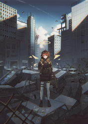 Rule 34 | 1girl, ahoge, aircraft, arknights, bare legs, belt, belt pouch, black gloves, black jacket, building, car, cityscape, cloud, cloudy sky, debris, expressionless, exusiai (arknights), exusiai (wild operation) (arknights), eyewear on head, full body, gloves, gradient sky, gun, highres, holding, holding gun, holding weapon, hood, hood down, hooded jacket, jacket, kriss vector, lococo:p, long sleeves, looking at viewer, motor vehicle, official alternate costume, outdoors, post-apocalypse, pouch, red eyes, red hair, shoes, short hair, short shorts, shorts, sky, solo, standing, strap, submachine gun, sunglasses, thigh strap, weapon, wide shot