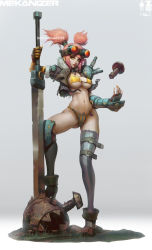 Rule 34 | 1girl, asymmetrical legwear, bikini, breasts, covered erect nipples, cropped jacket, cyborg, female focus, full body, goggles, goggles on head, gradient background, green eyes, highres, huge weapon, jewelry, large breasts, lips, mechanical arms, mismatched legwear, nail polish, navel, necklace, nose, orange nails, original, pink hair, planted, planted sword, planted weapon, project mekanizer, single mechanical arm, single thighhigh, solo, striped clothes, striped thighhighs, swimsuit, sword, thighhighs, twintails, underboob, vertical-striped clothes, vertical-striped thighhighs, weapon, zeronis
