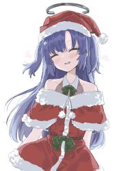 Rule 34 | 1girl, alternate costume, bare shoulders, blue archive, blue hair, blush, closed eyes, collarbone, commentary, dress, fur-trimmed dress, fur trim, grin, halo, hat, highres, long hair, mechanical halo, red dress, santa dress, santa hat, sidelocks, simple background, smile, solo, standing, touhou90275, two side up, upper body, very long hair, white background, yuuka (blue archive)