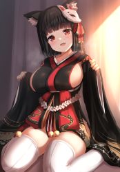 Rule 34 | 1girl, animal ear fluff, animal ears, azur lane, black hair, blunt bangs, breasts, cat ears, commentary request, curtains, detached sleeves, fang, full body, head tilt, highres, indoors, japanese clothes, kimono, large breasts, looking at viewer, manda (manda9n), mask, mask on head, open mouth, paw pose, red eyes, short hair, short kimono, sideboob, sitting, smile, solo, thighhighs, thighs, wariza, white thighhighs, yamashiro (azur lane)