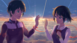 Rule 34 | 10s, 1boy, 1girl, arms at sides, black hair, bow, brown eyes, collared shirt, crying, crying with eyes open, eye contact, green eyes, hand on own chest, hand up, happy tears, highres, horizon, jacket, kimi no na wa., lens flare, light rays, long sleeves, looking at another, maeshimashi, miyamizu mitsuha, outstretched hand, parted lips, red bow, school uniform, shirt, short hair, sidelocks, smile, string, string of fate, sunbeam, sunlight, sunset, sweater vest, tachibana taki, tears, white shirt