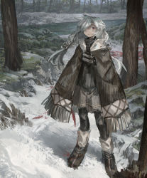 Rule 34 | 1girl, ankle boots, bad id, bad pixiv id, black pantyhose, boots, brown cloak, cloak, closed mouth, forest, hair over one eye, highres, long hair, looking at viewer, nature, one eye covered, original, pantyhose, red eyes, river, shichigatsu, snow, solo, tree, twintails