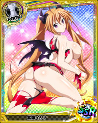 Rule 34 | 1girl, ahoge, ass, black footwear, breasts, breasts out, card (medium), demon horns, demon wings, female focus, gloves, high heels, high school dxd, highres, horns, large breasts, nipples, nude filter, orange hair, purple eyes, red gloves, shidou irina, solo, third-party edit, thong, torn clothes, torn gloves, twintails, wings