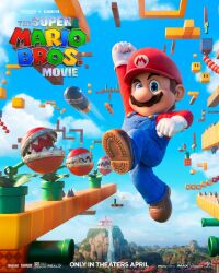 Rule 34 | 1boy, 3d, arm up, banzai bill, blue eyes, blue overalls, blue sky, brick block, brown footwear, brown hair, castle, facial hair, fire bar, full body, gloves, hat, highres, industrial pipe, jumping, long sleeves, looking at viewer, male focus, mario, mario (series), movie poster, mustache, nintendo, official art, overalls, piranha plant, princess peach&#039;s castle, red shirt, rotating block, shirt, short hair, sky, the super mario bros. movie, title, very short hair, warp pipe, water, waterfall, white gloves