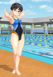 Rule 34 | 1girl, absurdres, alternate color, androgynous, armpits, arms behind back, black-framed eyewear, black eyes, black hair, blue sky, cloud, collarbone, commentary request, competition swimsuit, day, full body, glasses, highres, looking at viewer, multicolored clothes, multicolored swimsuit, navel, one-piece swimsuit, original, outdoors, parted lips, pool, short hair, sky, solo, standing, swimsuit, takafumi, very short hair