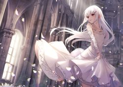 Rule 34 | 1girl, albino, bandaged arm, bandages, bare shoulders, church, collarbone, commentary request, dress, eisuto, hair ornament, hairclip, highres, indoors, light rays, long hair, looking away, looking to the side, original, parted lips, petals, red eyes, silver hair, skirt hold, sleeveless, sleeveless dress, solo, standing, sunbeam, sunlight, very long hair, white dress, window