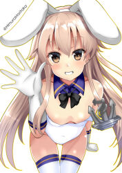 Rule 34 | 1girl, absurdres, alternate costume, anchor hair ornament, animal ears, blonde hair, breasts, cowboy shot, detached collar, elbow gloves, fake animal ears, gloves, gluteal fold, grin, hair between eyes, hair ornament, highres, himura moritaka, kantai collection, leaning forward, leotard, long hair, looking at viewer, playboy bunny, shimakaze (kancolle), small breasts, smile, solo, teeth, thigh gap, thighhighs, twitter username, very long hair, white background, white gloves, white leotard, white thighhighs, yellow eyes