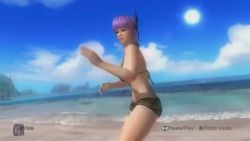 Rule 34 | 1girl, 3d, animated, sound, ayane (doa), beach, bikini, bikini top only, breasts, dead or alive, dead or alive 5, dead or alive 5 last round, green bikini, headband, high heels, video, outdoors, palm tree, purple hair, red eyes, sand, shorts, subtitled, swimsuit, tagme, tree, water