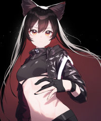 Rule 34 | 1girl, absurdres, ambience synesthesia, animal ears, arknights, beudelb, black background, black gloves, black hair, black jacket, black pants, black shirt, breasts, colored inner hair, cropped jacket, cropped shirt, gloves, hair between eyes, highres, jacket, long hair, looking at viewer, midriff, multicolored hair, official alternate costume, open clothes, open jacket, pants, partially fingerless gloves, red hair, shirt, simple background, sleeves past wrists, small breasts, texas (arknights), two-tone hair, upper body, very long hair, wolf ears, wolf girl, yellow eyes