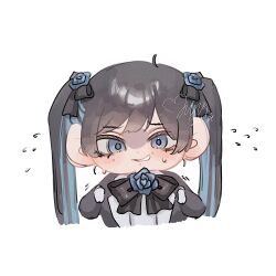 Rule 34 | ado (utaite), alternate hairstyle, artist name, black bow, black bowtie, black coat, black hair, blue eyes, blue flower, blue hair, blue rose, bow, bowtie, chando (ado), chibi, cloud nine inc, coat, colored inner hair, commentary, cropped torso, flower, hair bow, hashtag-only commentary, highres, large ears, long hair, mole, mole under eye, multicolored hair, open clothes, open coat, rose, shirt, simple background, smirk, sweat, twintails, twintails day, two-tone hair, upper body, utaite, white background, white shirt, yurosuke