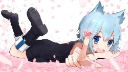 Rule 34 | 1girl, :d, animal ears, ass, black dress, blue eyes, blue hair, boots, cat ears, cherry blossoms, dress, foreshortening, highres, lying, matching hair/eyes, nanami ao, non-web source, on stomach, open mouth, pointing, short hair, smile, solo, wada arco, yozakura quartet