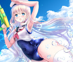 Rule 34 | 1girl, armpits, bad id, bad pixiv id, blonde hair, blue eyes, blue sailor collar, breasts, cloud, crop top, day, hat, holding, long hair, looking at viewer, md5 mismatch, neckerchief, old school swimsuit, one-piece swimsuit, open mouth, original, peaked cap, ponytail korosuke, red neckerchief, sailor collar, salute, school swimsuit, solo, super soaker, swimsuit, swimsuit under clothes, thighhighs, water, water gun, white hat, white thighhighs