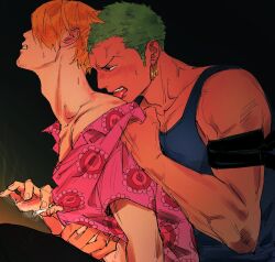 Rule 34 | 2boys, black eyes, blonde hair, blue tank top, cigarette, clenched teeth, clothes lift, colored skin, dark background, earrings, floral print, flustered, green hair, highres, holding, holding cigarette, jewelry, kzwtr8, licking another&#039;s neck, looking at another, male focus, mature male, multiple boys, one piece, patterned clothing, pink shirt, roronoa zoro, sanji (one piece), shirt, shirt grab, shirt lift, simple background, single earring, sweat, tan, tank top, teeth, thick arms, tongue, tongue out, upper teeth only, white skin, yaoi