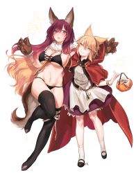 Rule 34 | 2girls, absurdres, alternate costume, animal ear fluff, animal ears, animal hands, armpits, bandages, basket, belt, between breasts, bikini, black belt, black bikini, black footwear, black legwear, blonde hair, blouse, blush, bracelet, breasts, brown gloves, candy, capelet, center opening, collar, commentary request, cross-laced clothes, fake animal ears, fake tail, fangs, food, fur collar, fur trim, gloves, gradient hair, grin, groin, hair between eyes, halloween, hands up, head tilt, highres, hijiri byakuren, holding, holding basket, hood, hooded capelet, jewelry, large breasts, long hair, looking at another, looking at viewer, mary janes, multicolored hair, multiple girls, navel, no shoes, open mouth, paw gloves, petticoat, pointy hair, purple eyes, purple hair, purple skirt, red capelet, ritual baton, shan, shirt, shoes, short hair, simple background, skirt, smile, socks, standing, standing on one leg, stomach, sweat, swimsuit, tail, thighhighs, thighs, touhou, toyosatomimi no miko, very long hair, white background, white collar, white legwear, white shirt, wolf ears, wolf tail, yellow eyes