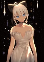 Rule 34 | 1girl, ahoge, alternate costume, arms at sides, artoria pendragon (all), artoria pendragon (fate), bad id, bad pixiv id, bare shoulders, black background, black neckwear, blonde hair, blue eyes, bow, breasts, choker, cleavage, cowboy shot, dress, fate/stay night, fate (series), hair bow, head tilt, looking at viewer, off shoulder, ronopu, saber (fate), sleeveless, sleeveless dress, smile, solo, star (sky), white dress
