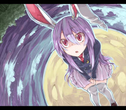 Rule 34 | 1girl, :o, akagashi hagane, animal ears, bad id, bad pixiv id, blazer, crescent, female focus, full moon, jacket, letterboxed, light purple hair, long hair, looking up, moon, necktie, pleated skirt, rabbit ears, red eyes, red necktie, reisen udongein inaba, sitting, skirt, solo, thighhighs, touhou, white thighhighs