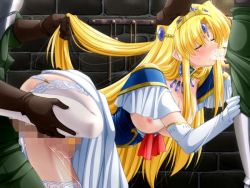 Rule 34 | 00s, 1girl, blonde hair, blush, breasts, censored, circlet, closed eyes, cum, cum in mouth, doggystyle, dress, fellatio, game cg, gang rape, gloves, grabbing another&#039;s hair, group sex, hetero, invisible penis, iriasutera erushie barutoraaju, kijoku princess double kari, lace, lace-trimmed legwear, lace trim, large breasts, leg lift, long hair, mmf threesome, mosaic censoring, nel (company), no bra, open clothes, open shirt, oral, penis, princess, rape, sex, sex from behind, shirt, solo focus, spitroast, spoils, spread legs, tears, thighhighs, threesome, white thighhighs