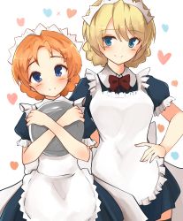 Rule 34 | 2girls, absurdres, alternate costume, apron, back bow, blonde hair, blue dress, blue eyes, bow, bowtie, braid, closed mouth, collared dress, darjeeling (girls und panzer), dress, enmaided, frilled sleeves, frills, girls und panzer, hand on own hip, heart, heart background, highres, holding, holding tray, large bow, looking at viewer, maid, maid apron, maid headdress, multiple girls, orange hair, orange pekoe (girls und panzer), parted bangs, puffy short sleeves, puffy sleeves, red bow, red bowtie, short dress, short hair, short sleeves, side-by-side, smile, standing, tray, twin braids, white apron, white background, white bow, white bowtie, yusugi keima