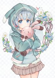 Rule 34 | 1girl, absurdres, animal ears, animal hood, blue eyes, blue hair, blunt bangs, blush, bow, cherry hair ornament, collared shirt, crying, crying with eyes open, hugging doll, floral background, food-themed hair ornament, frilled skirt, frills, frown, hacosumi, hair ornament, highres, holding, holding stuffed toy, hood, hood up, hoodie, layered skirt, legs together, long sleeves, hugging object, open clothes, original, rabbit, rabbit ears, ribbon, shirt, short hair, short twintails, skirt, solo, stuffed animal, stuffed rabbit, stuffed toy, tearing up, tears, thighs, twintails, unzipped, zipper