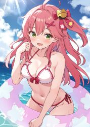 Rule 34 | 1girl, :d, ahoge, bell, bikini, blue sky, blush, bow, breasts, cherry blossom print, cleavage, cloud, cloudy sky, collarbone, commentary request, day, dutch angle, floral print, front-tie bikini top, front-tie top, green eyes, hair bell, hair bow, hair ornament, halterneck, highres, hololive, large breasts, long hair, looking at viewer, minazuki mizu, navel, ocean, one side up, open mouth, outdoors, pink hair, sakura miko, side-tie bikini bottom, sky, smile, solo, string bikini, sun glare, swimsuit, virtual youtuber, white bikini, x hair ornament