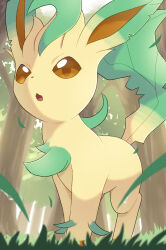 Rule 34 | creatures (company), day, falling leaves, game freak, gen 4 pokemon, grass, highres, leaf, leafeon, nintendo, no humans, open mouth, outdoors, pokemon, pokemon (creature), rumine (yoshi1234567), solo, tree