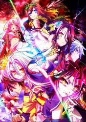 Rule 34 | 10s, 2boys, 6+girls, absurdres, chess piece, crown, flower, flower on head, goggles, goggles on head, highres, jibril (no game no life), looking at viewer, midriff, multicolored hair, multiple boys, multiple girls, no game no life, official art, poster (medium), reaching, riku (no game no life), scarf, school uniform, shiro (no game no life), shuvi (no game no life), smile, smirk, sora (no game no life), stephanie dora, symbol-shaped pupils, tongue, tongue out