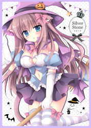 Rule 34 | 1girl, :o, animal ear fluff, animal ears, blue eyes, blue shirt, blue sleeves, blush, border, bow, breasts, brown hair, cape, cat ears, cat girl, cat tail, cleavage, cleavage cutout, clothing cutout, commentary, detached sleeves, elbow gloves, ghost, gloves, hair between eyes, hair bow, halloween, hand on headwear, hand up, hat, highres, holding, jack-o&#039;-lantern, kirishima riona, long hair, looking at viewer, medium breasts, navel, navel cutout, original, parted lips, pennant, pink bow, pleated skirt, polka dot, polka dot background, puffy short sleeves, puffy sleeves, purple border, purple cape, purple hat, purple skirt, shirt, short sleeves, skirt, solo, star (symbol), string of flags, striped clothes, striped thighhighs, tail, thighhighs, very long hair, white background, white gloves, witch hat