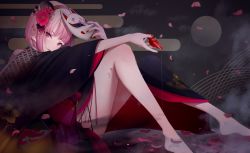 Rule 34 | 1girl, bare legs, barefoot, black kimono, commentary, cup, flower, fox mask, from side, full body, hair flower, hair ornament, highres, holding, holding cup, holding mask, hololive, hololive english, japanese clothes, kimono, long sleeves, looking at viewer, looking to the side, mask, unworn mask, mori calliope, mori calliope (new year), nail polish, petals, pink eyes, pink hair, red flower, red nails, sakazuki, short hair, sitting, solo, virtual youtuber, wamp