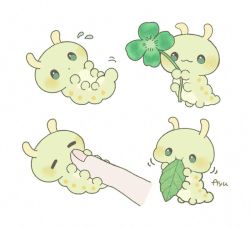 Rule 34 | 1other, :3, animal focus, ayu (mog), caterpillar, clover, commentary, eating, flying sweatdrops, four-leaf clover, green theme, leaf, original, signature, simple background, smile, symbol-only commentary, white background