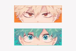 Rule 34 | 2boys, bakugou katsuki, blonde hair, boku no hero academia, bright pupils, commentary request, eye focus, freckles, green eyes, green hair, hair between eyes, highres, looking at viewer, male focus, midoriya izuku, multiple boys, orange eyes, straight-on, tm tm g, v-shaped eyebrows