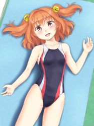 Rule 34 | 1girl, bell, black one-piece swimsuit, brown eyes, hair bell, hair ornament, isaki (gomi), looking at viewer, motoori kosuzu, no eyewear, one-piece swimsuit, open mouth, orange hair, short hair, smile, solo, swimsuit, touhou, twintails, two side up