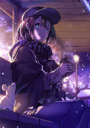 Rule 34 | 1girl, animal, baseball cap, black hair, black hat, black pantyhose, black scarf, blue eyes, blurry, bunbun, can, closed mouth, commentary request, depth of field, drink can, from side, hair ornament, hairclip, hat, highres, holding, holding can, lamppost, long sleeves, looking at viewer, looking to the side, mouse (animal), night, on bench, original, outdoors, pantyhose, scarf, short hair, sitting, smile, snowing, soda can, solo, winter