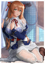 Rule 34 | 1girl, blue bra, blush, boots, bra, bra visible through clothes, breasts, brown footwear, brown hair, girls&#039; frontline, green eyes, hair between eyes, hair ribbon, highres, indoors, jacket, large breasts, lips, long hair, long sleeves, neck ribbon, open mouth, pantyhose, red ribbon, ribbon, see-through, shirt, shoukaki (earthean), shower (place), shower curtain, sidelocks, sitting, solo, springfield (girls&#039; frontline), tile wall, tiles, underwear, wet, wet clothes, white pantyhose, white shirt