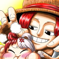 Rule 34 | 1boy, 1girl, age difference, aged down, cheek bulge, child, daichan op, disgust, father and daughter, grin, hat, highres, imminent hug, long hair, looking at another, multicolored hair, one piece, one piece film: red, red hair, shanks (one piece), simple background, smile, straw hat, teeth, two-tone hair, uta (one piece), very long hair, yellow background