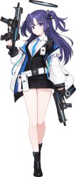 Rule 34 | 1girl, black footwear, black socks, blue archive, blue eyes, blue necktie, dual wielding, gloves, gun, halo, highres, holding, hwansang, long hair, looking at viewer, miniskirt, necktie, office lady, official art, purple hair, sig sauer, sig mpx, skirt, socks, solo, standing, submachine gun, transparent background, twintails, two side up, weapon, yuuka (blue archive)