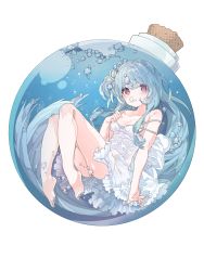 Rule 34 | 1girl, air bubble, arm at side, ass, bare legs, barefoot, blue hair, blue nails, blush, bottle, breasts, bubble, cleavage, collar, cork, dress, full body, highres, in bottle, in container, knees up, konpe itou, kotonoha aoi, long hair, looking at viewer, nail polish, purple eyes, simple background, sleeveless, sleeveless dress, small breasts, solo, strap slip, submerged, sundress, toenail polish, toenails, very long hair, voiceroid, water, wet, wet clothes, wet dress, white background