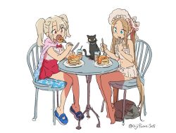 Rule 34 | 2girls, abigail williams (fate), abigail williams (swimsuit foreigner) (fate), abigail williams (swimsuit foreigner) (third ascension) (fate), animal, asaya minoru, bare arms, bare legs, bare shoulders, barefoot, bikini, black cat, blue eyes, blue footwear, bonnet, bow, brown hair, casual one-piece swimsuit, cat, chair, eating, fate/grand order, fate (series), food, fork, hair between eyes, hair bow, holding, holding fork, illyasviel von einzbern, illyasviel von einzbern (swimsuit archer), illyasviel von einzbern (swimsuit archer) (second ascension), licking, licking finger, light brown hair, long hair, multiple girls, navel, on chair, one-piece swimsuit, open mouth, pancake, pancake stack, parted bangs, plate, red bow, red eyes, red one-piece swimsuit, sandals, simple background, sitting, star (symbol), star print, strapless, strapless bikini, swimsuit, syrup, table, twintails, twitter username, very long hair, white background, white bikini, white bow, white headwear