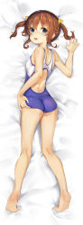 Rule 34 | 1girl, ass, backless swimsuit, bare arms, bare legs, bare shoulders, barefoot, bed sheet, blue eyes, blue one-piece swimsuit, blush, breasts, brown hair, commentary request, dakimakura (medium), female focus, full body, hair between eyes, hair ribbon, high school fleet, looking at viewer, looking back, lying, minutachi, misaki akeno, on stomach, one-piece swimsuit, open mouth, ribbon, small breasts, soles, solo, swimsuit, teeth, twintails, upper teeth only, yellow ribbon