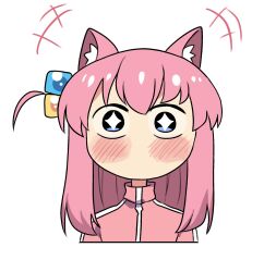 Rule 34 | + +, 1girl, animal ear fluff, animal ears, blue eyes, blush stickers, bocchi the rock!, cat ears, chibi, commentary, cube hair ornament, english commentary, gotoh hitori, hair between eyes, hair ornament, highres, hinghoi, jacket, komi-san wa komyushou desu, komi shouko, long hair, motion lines, one side up, pink hair, pink jacket, simple background, solo, white background, wide-eyed