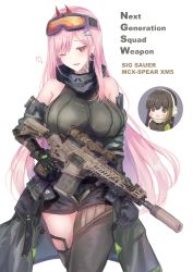 Rule 34 | 1girl, absurdres, assault rifle, asymmetrical legwear, breasts, brown hair, chibi, earrings, eyewear on head, girls&#039; frontline, gun, hair ornament, highres, jewelry, large breasts, long hair, looking at viewer, m4a1 (girls&#039; frontline), m4a1 (mod3) (girls&#039; frontline), martinreaction, mask, mask around neck, mole, mole under eye, multicolored hair, neck tattoo, non-web source, one eye closed, open mouth, pink eyes, pink hair, rifle, scarf, shorts, sig mcx, sig mcx (girls&#039; frontline), sleeveless, sleeveless sweater, streaked hair, sweater, tattoo, weapon