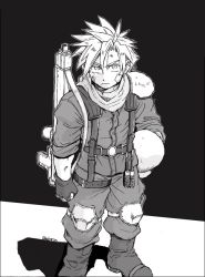 Rule 34 | 1boy, als8za, armor, bandage on face, bandages, boots, cloud strife, dirty, dirty face, final fantasy, final fantasy vii, full body, gloves, greyscale, gun, hair between eyes, harness, unworn headwear, helmet, unworn helmet, holding, holding helmet, knee pads, long sleeves, looking at viewer, male focus, monochrome, over shoulder, pants, scarf, short hair, shoulder armor, sleeves rolled up, solo, spiked hair, standing, thigh strap, twitter username, weapon, weapon over shoulder