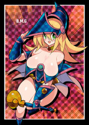 Rule 34 | 1girl, artist request, bare legs, bare shoulders, blonde hair, blue hat, blush stickers, bottomless, breasts, character name, cleavage, curvy, dark magician girl, dress, duel monster, full body, green eyes, hat, holding, holding staff, large breasts, long hair, looking at viewer, magical girl, pink skirt, revealing clothes, shiny skin, skirt, smile, solo, staff, very long hair, witch, witch hat, yu-gi-oh!